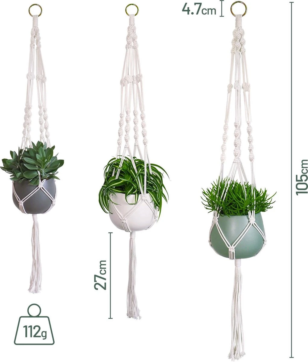 Gadgy Plantenhanger Macramé 3 Stuks - Luxe Gevlochten Touw Katoen - Plantenpot Ophangen - Hangpot - Afbeelding 5