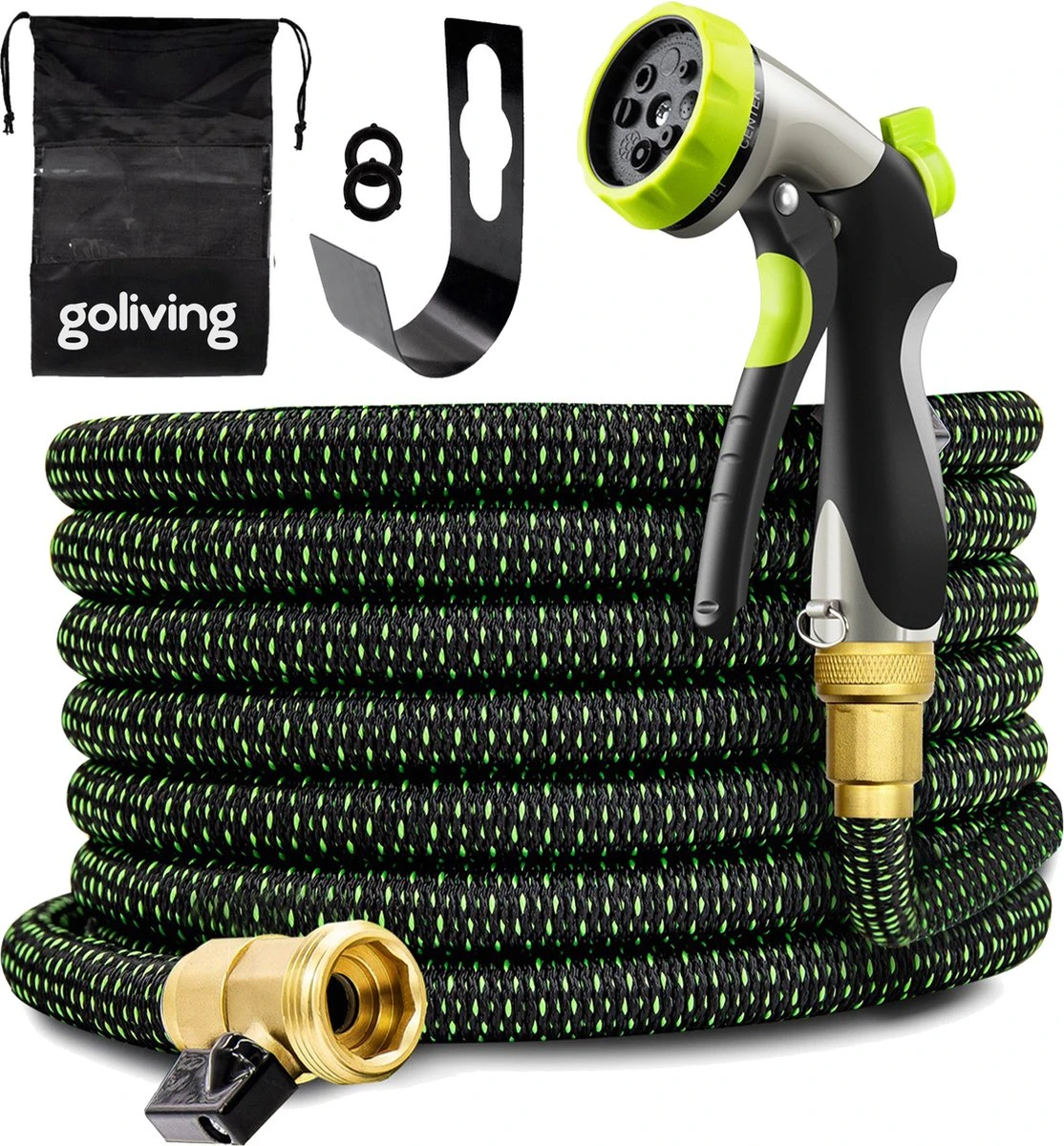 Goliving Tuinslang Flexibel - 30 Meter - Uitrekbare Tuinslang Sproeier - Tuinsproeier - Zwart - Acht Standen - Met Opbergtas