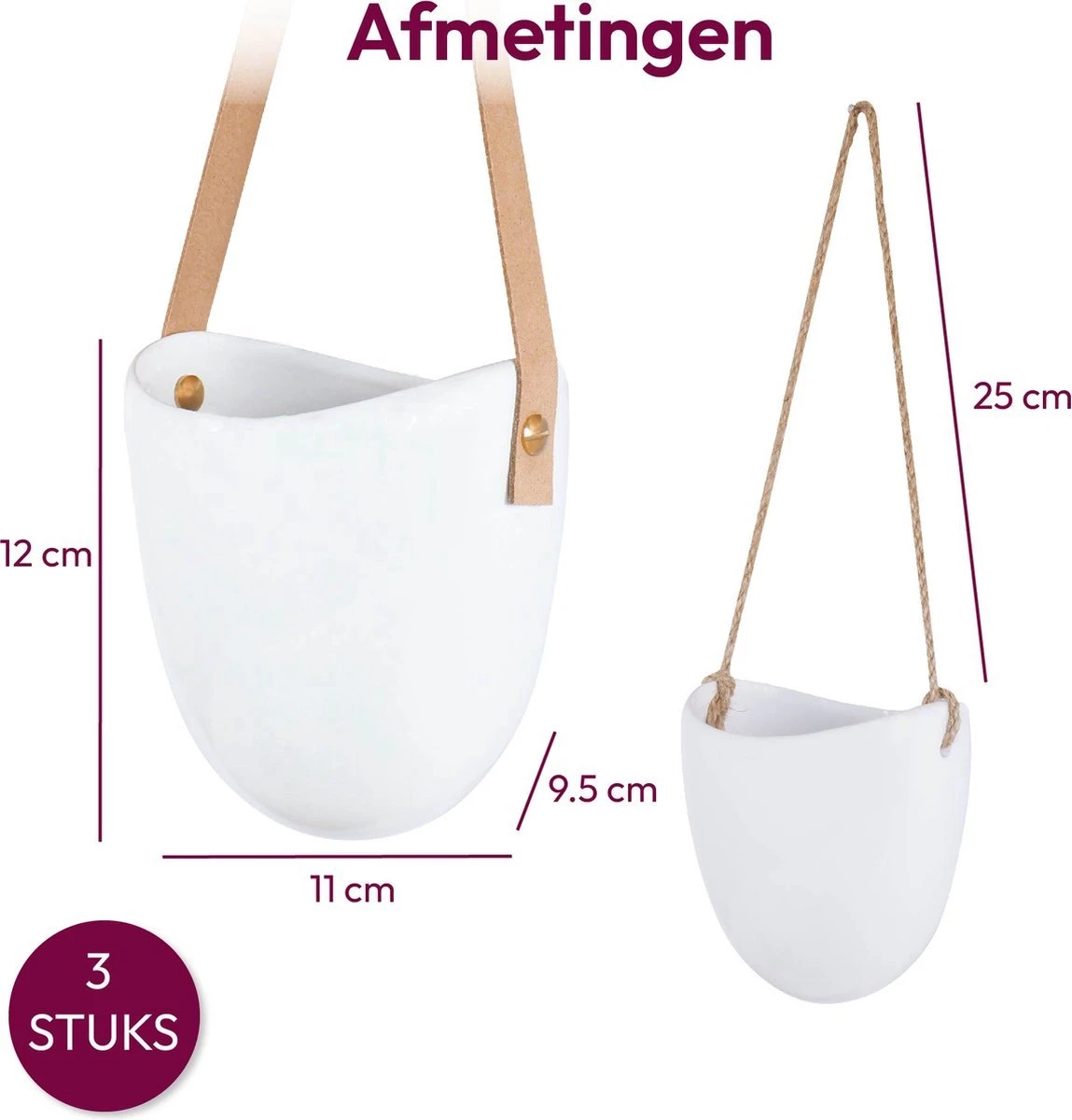 Gadgy Plantenhanger Keramiek - Set Van 3 - Hangpot Van Wit Steen - Hangende Bloempot Plantenpot - Met 3 Verschillende Koorden - 12x11x9.5CM - Afbeelding 7