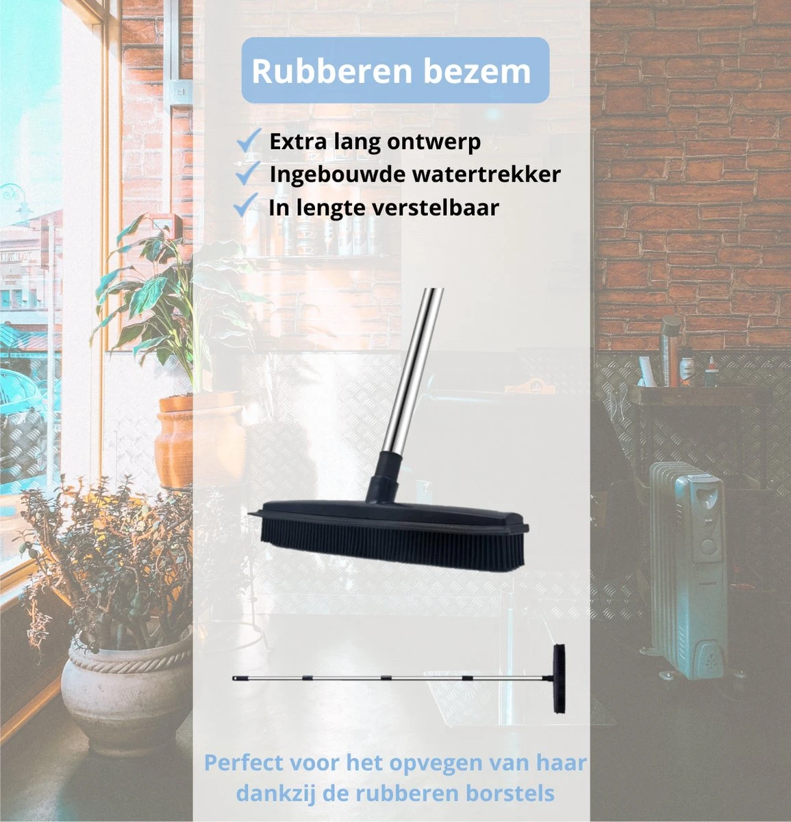 De Blaffende Kat 2 In 1 Rubberen Bezem – Bezem Binnen & Buiten – Vloerwisser Met Steel - Vloertrekker – Veger - Extra Lang 160cm - Afbeelding 2