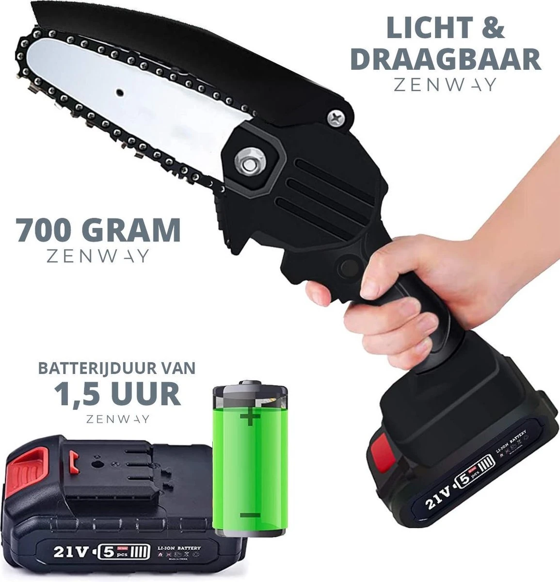 Zenway - Mini Kettingzaag - Snoeizaag - Kettingzaag - Kettingzaag Elektrisch Met 1 Accu- Inclusief Koffer - 1 Extra Accu - Zwart - Afbeelding 2