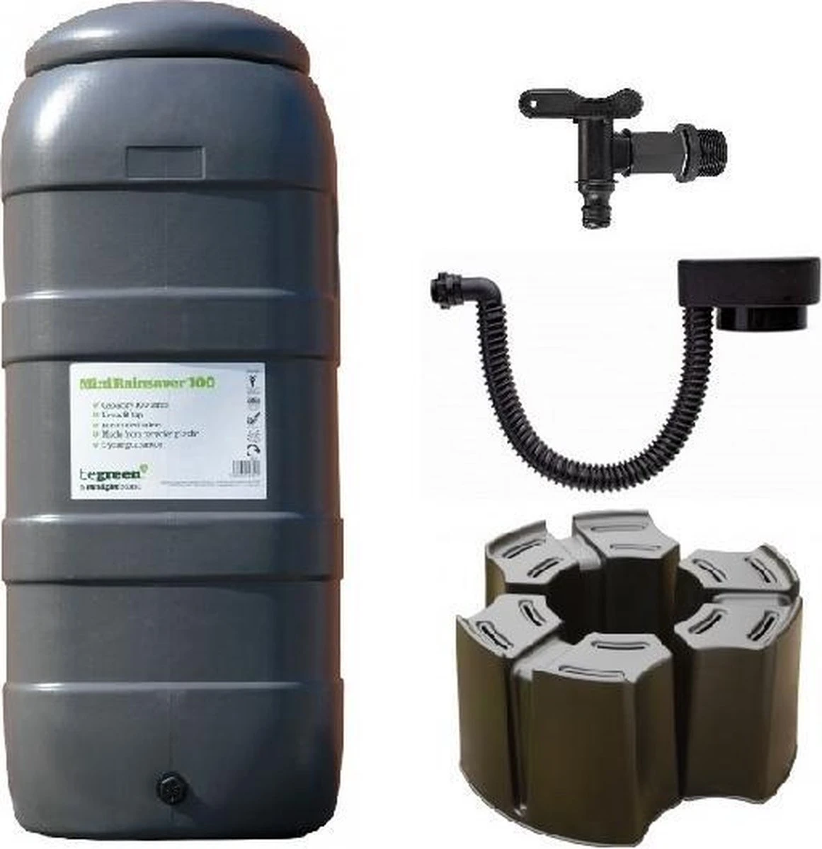 Luxe Voordeelset 100L Antraciet Rainsaver Regenton + Kraan + Voet + Vulautomaat| Muurmodel