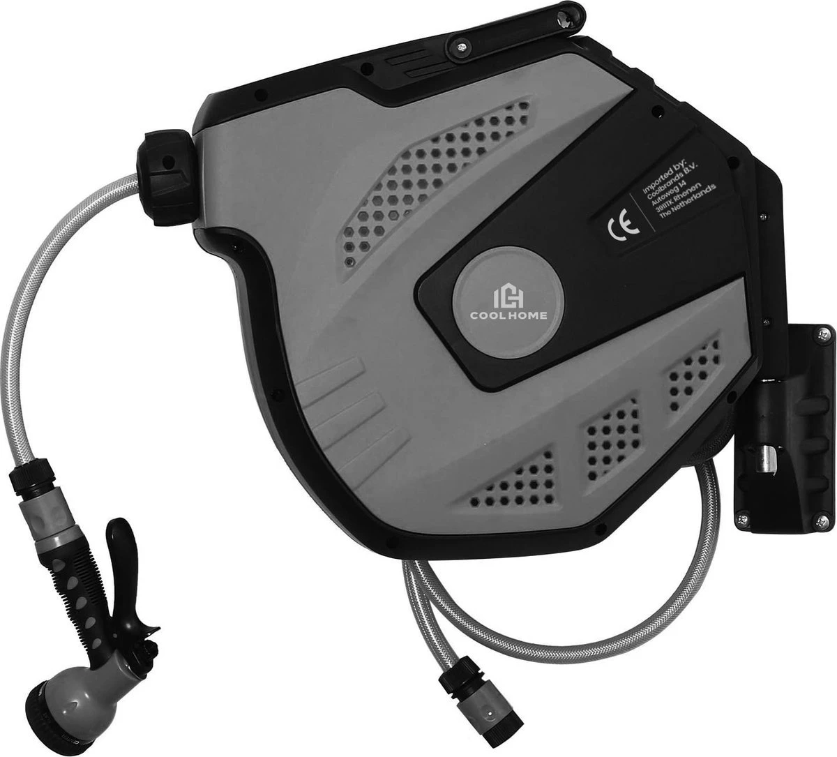 CoolHome - Wandslangenbox 20 Meter + 2 Meter - Tuinslang Met Haspel- Slangenhouder 180° Draaibaar - Tuinslanghaspel Zwart - Grijs