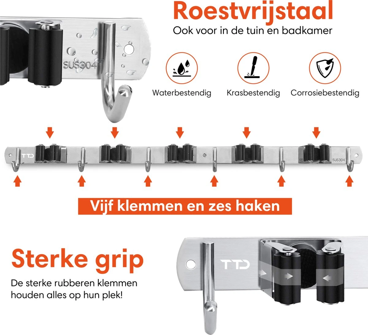 TTD Premium XXL Bezemhouder En Gereedschapsrek - Opslag Van Gereedschap - Opslag Van Schoonmaakspullen - Tuingereedschap - Klussen - RVS - Zwart - Afbeelding 2