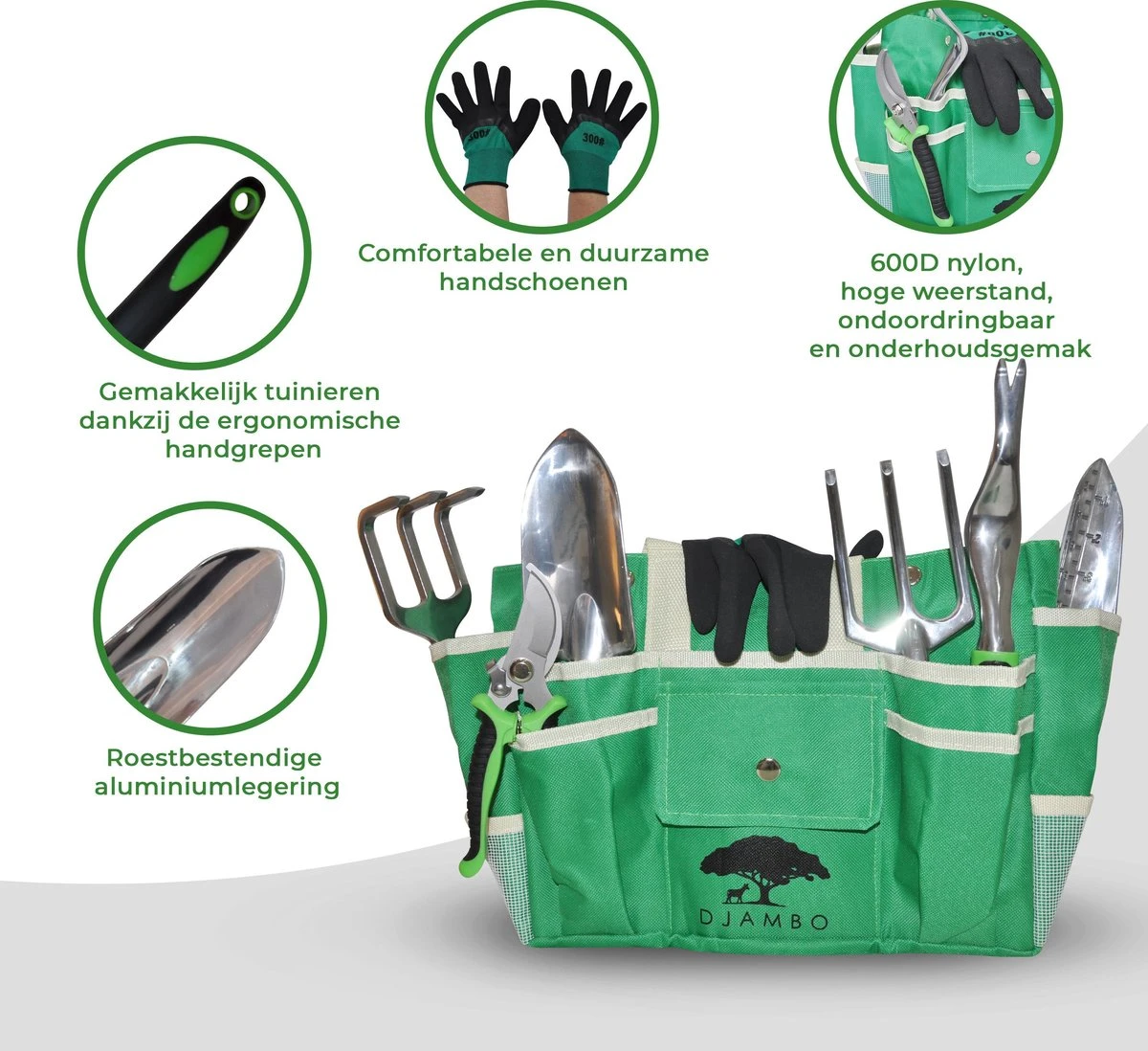 Djambo Tuingereedschap Set 8-delig Tuinsetje Met 15 Unieke Bamboe Plantetiketten In 1 Draagtas - Compleet Tuingereedschap Voor De Tuinliefhebbers - Afbeelding 3