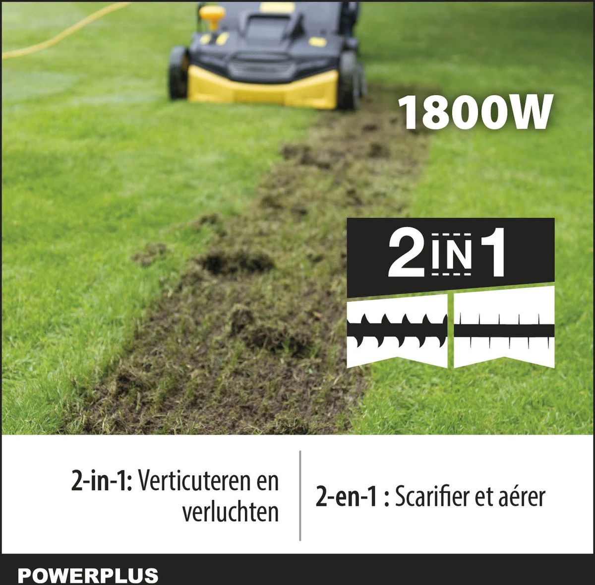 Powerplus POWXG7516 Elektrische Verticuteermachine - Mos Verwijderaar - 1800W - 360mm Maaibreedte- 45L Opvangbak - Incl. Gazonbeluchter/grasbeluchter - Afbeelding 2