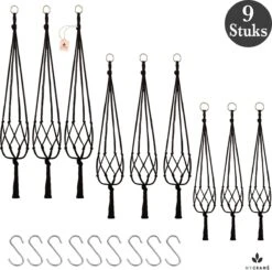 9 Stuks Zwart Macrame Plantenhangers - Boho Handgeweven Katoen Hangpot Voor Binnen/Buiten - Hangende Bloempot Met Kralen - Macramé Touw/Koord Hangplant Houder - Bohemian Wandhanger Decoratie - Plant Hanger - Verticale Tuin Bloempothouder Planthanger