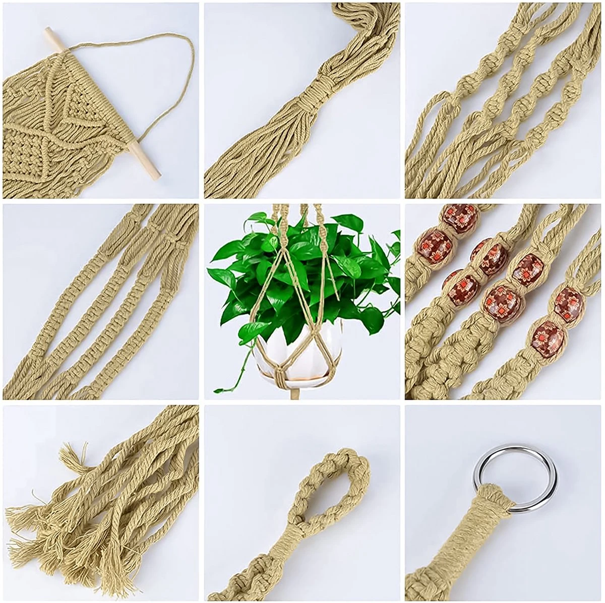 5 Stuks Luxe Jute Plantenhangers - Boho Handgeweven Katoen Hangpot Voor Binnen/Buiten - Hangende Bloempot Met Kralen - Macramé Touw/Koord Hangplant Houder - Bohemian Wandhanger Decoratie - Plant Hanger - Verticale Tuin Bloempothouder Planthanger - Afbeelding 5