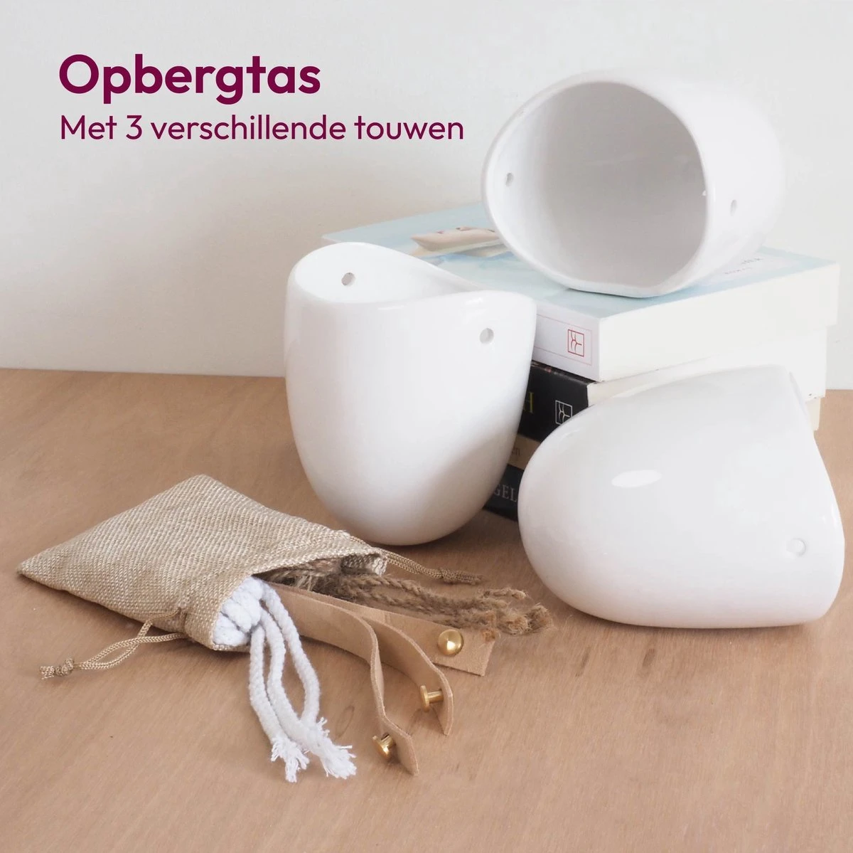 Gadgy Plantenhanger Keramiek - Set Van 3 - Hangpot Van Wit Steen - Hangende Bloempot Plantenpot - Met 3 Verschillende Koorden - 12x11x9.5CM - Afbeelding 5