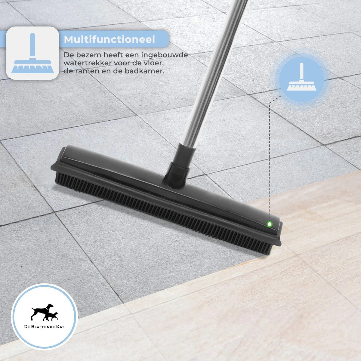 De Blaffende Kat 2 In 1 Rubberen Bezem – Bezem Binnen & Buiten – Vloerwisser Met Steel - Vloertrekker – Veger - Extra Lang 160cm - Afbeelding 7