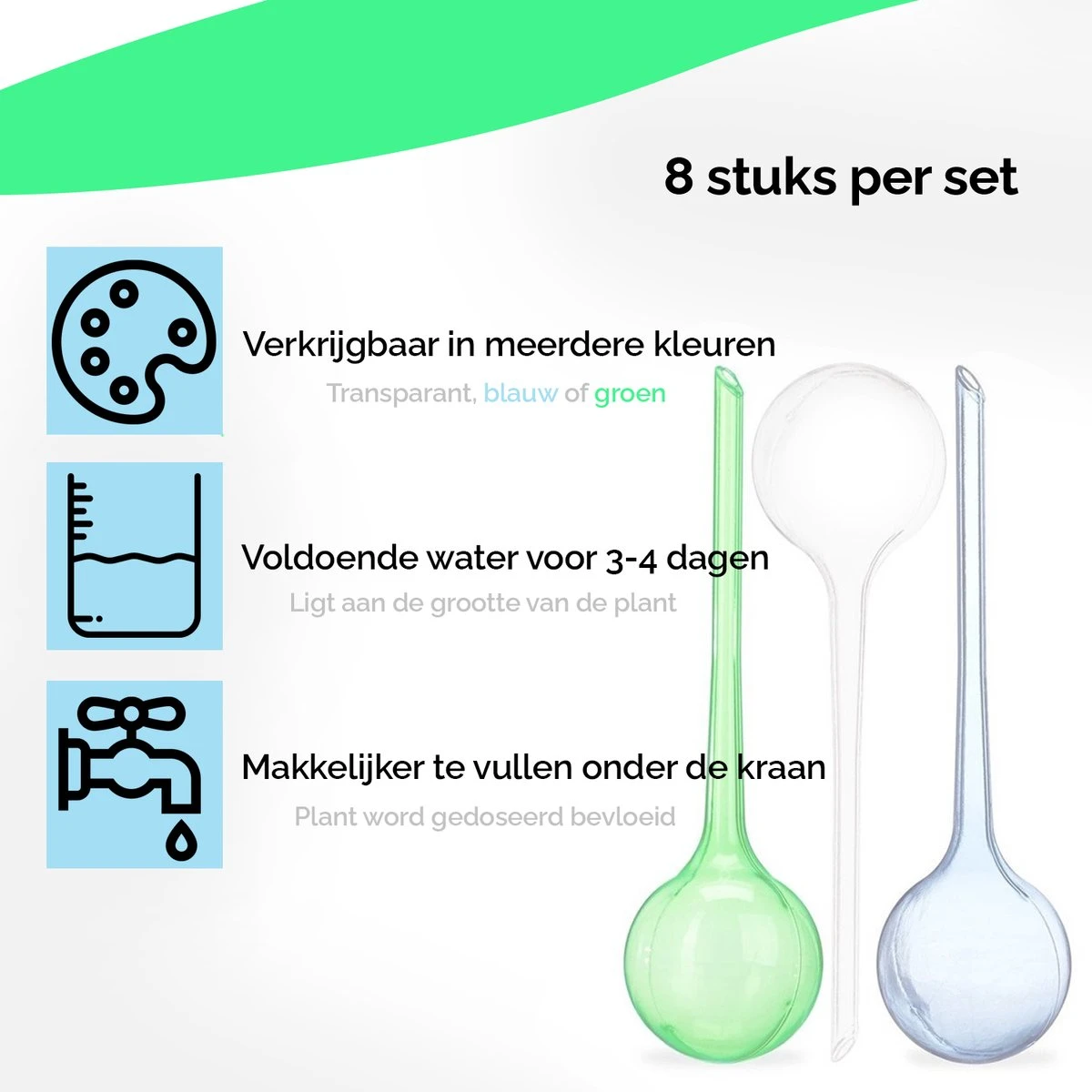 HGMD Waterdruppelaar Set Van 8 Stuks Voor Planten Transparant - Groen - Waterdruppelaar Voor Kamerplanten – Waterbol - Waterdruppelaar Voor Planten - Watergeefsysteem - Afbeelding 2