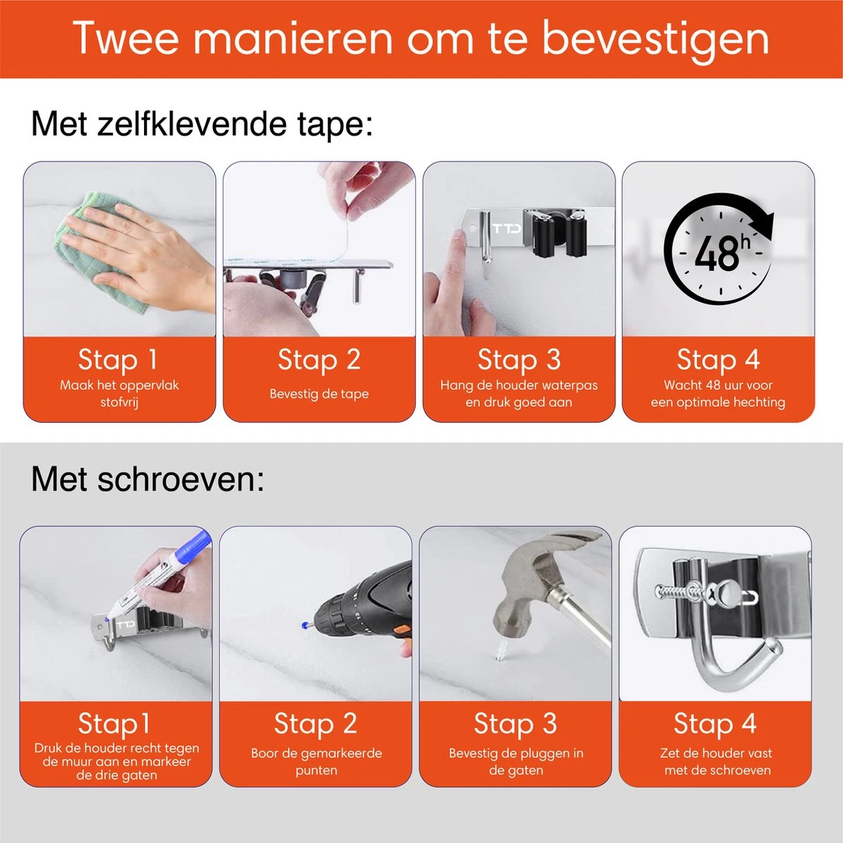 TTD Premium XXL Bezemhouder En Gereedschapsrek - Opslag Van Gereedschap - Opslag Van Schoonmaakspullen - Tuingereedschap - Klussen - RVS - Zwart - Afbeelding 3