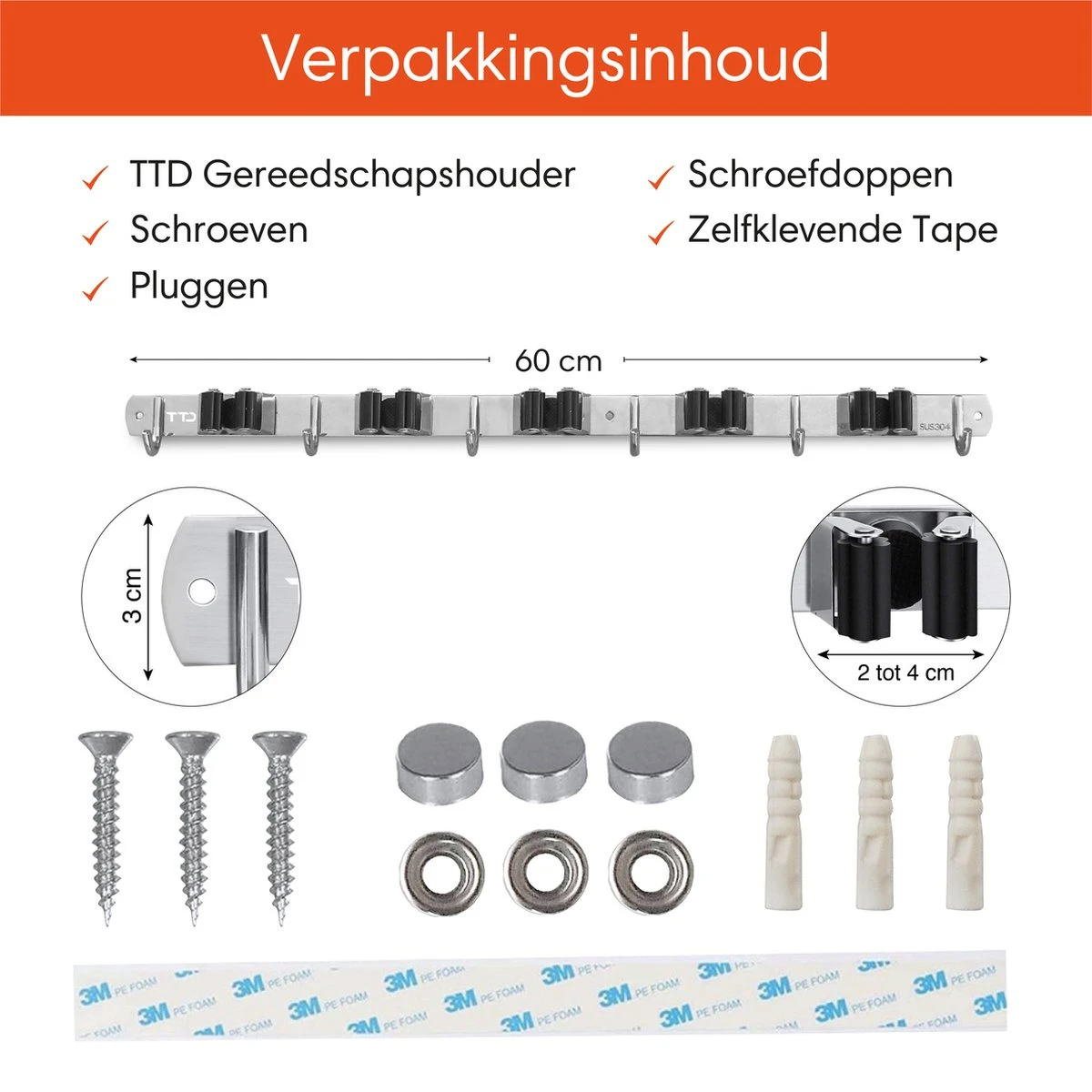TTD Premium XXL Bezemhouder En Gereedschapsrek - Opslag Van Gereedschap - Opslag Van Schoonmaakspullen - Tuingereedschap - Klussen - RVS - Zwart - Afbeelding 6