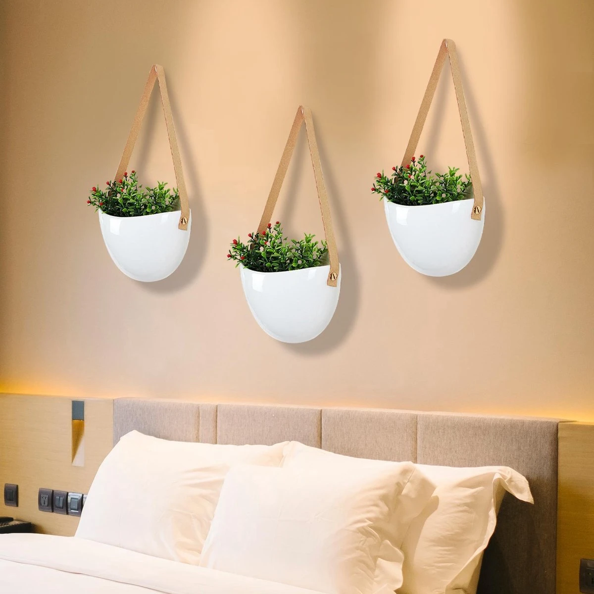 Plantenhanger Keramiek – Set Van 3 – Wit Steen- Hangpot – Hangende Bloempot Plantenpot - 3 Verschillende Koorden - 18 X 11 X 7 Cm - Afbeelding 6