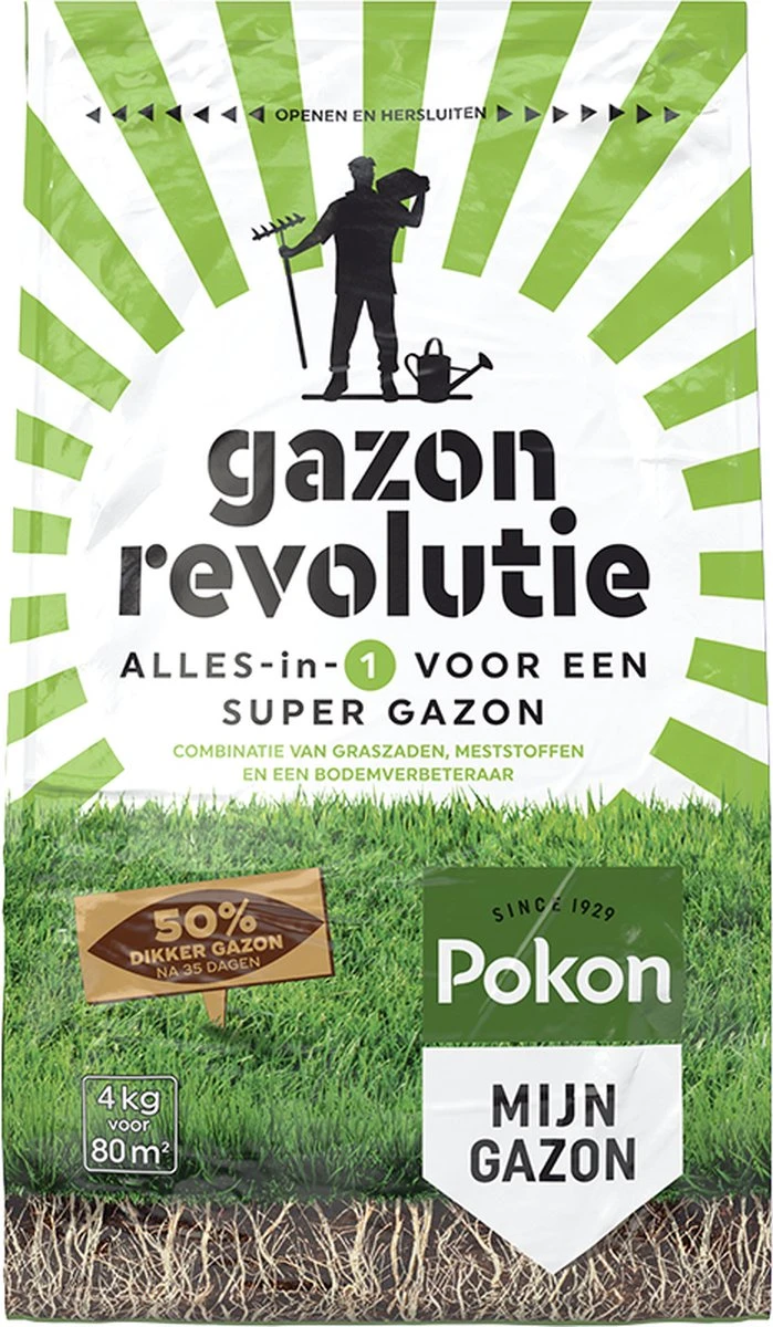 Pokon Gazon Revolutie - 4kg - Gazonmest / Graszaad / Bodemverbeteraar - Geschikt Voor 80m² - Binnen 15 Dagen Resultaat - Afbeelding 2