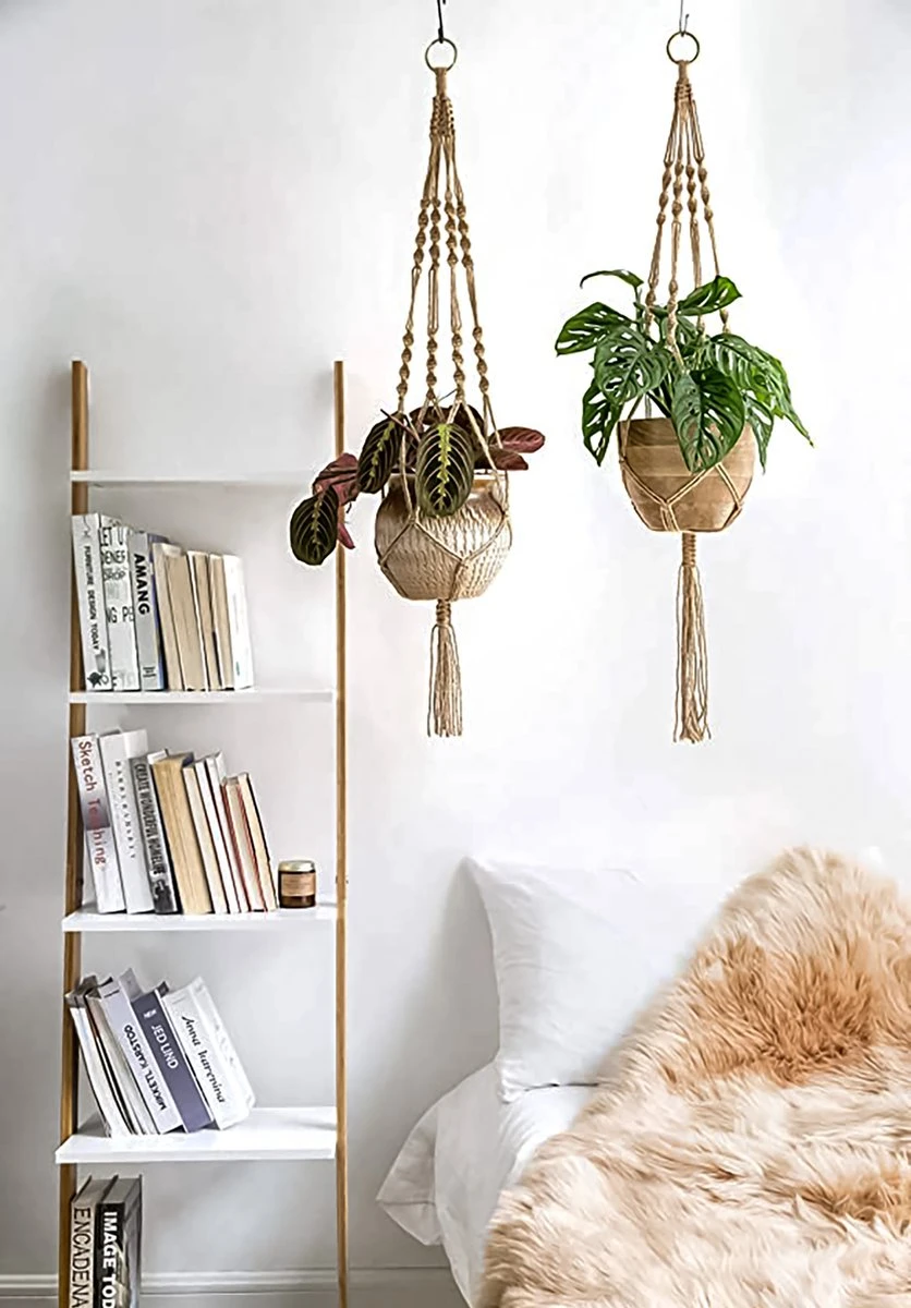 5 Stuks Luxe Jute Plantenhangers - Boho Handgeweven Katoen Hangpot Voor Binnen/Buiten - Hangende Bloempot Met Kralen - Macramé Touw/Koord Hangplant Houder - Bohemian Wandhanger Decoratie - Plant Hanger - Verticale Tuin Bloempothouder Planthanger - Afbeelding 4