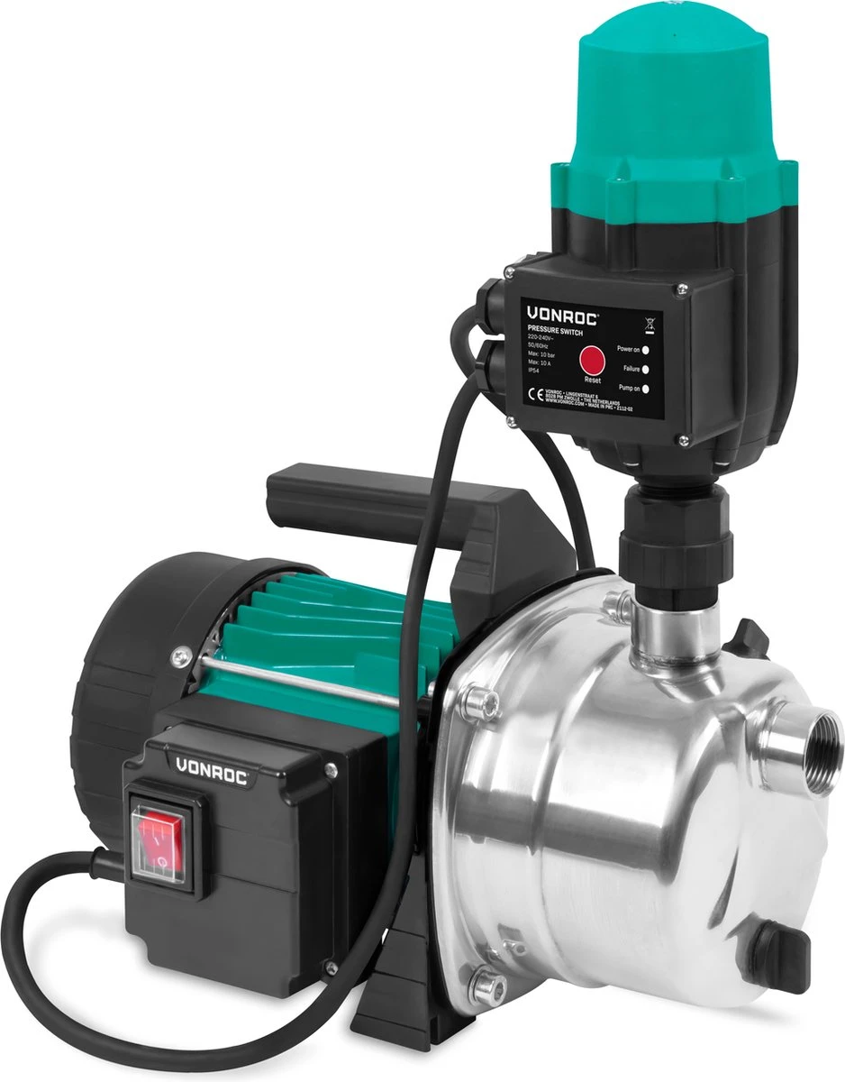 VONROC Hydrofoorpomp / Automatische Pomp - 1000W - 3500l/h - Met Drukschakelaar - Droogloopbeveiliging - Voor Besproeien En Huishoudwater